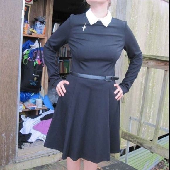 Ralph Lauren 8 Nun Costume White Collar Belt Fitted Black Dress Cross Wednesday - Picture 1 of 14